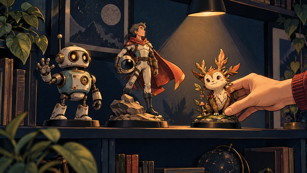 Ilustración editorial de una mano eligiendo una criatura fantástica para una repisa con un robot y un explorador espacial.