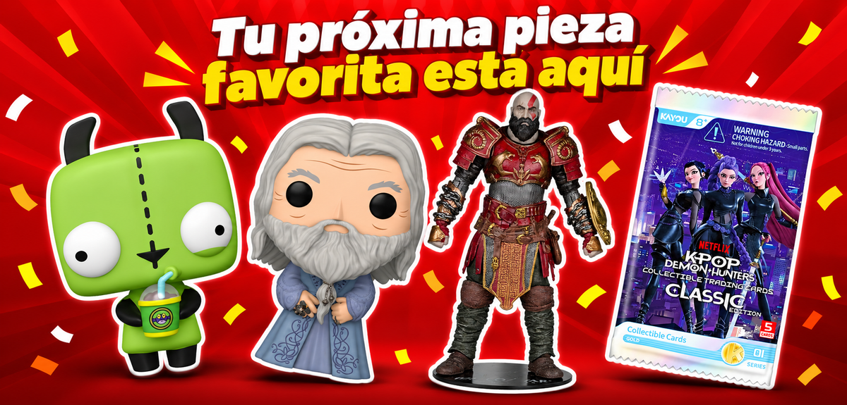 GIR, Dumbledore, Kratos y cartas Kayou sobre un fondo rojo dinámico.